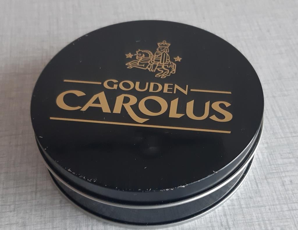 4  ijzeren onderzetters in ijzeren  doosje : gouden carolus, Ophalen of Verzenden