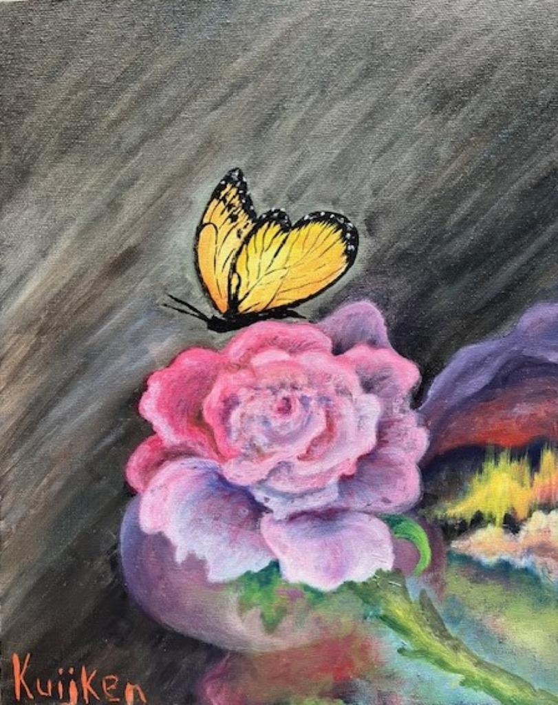 "Butterfly on a Flower" (Oil painting by Kuijken, 24x20 cm), Ophalen of Verzenden