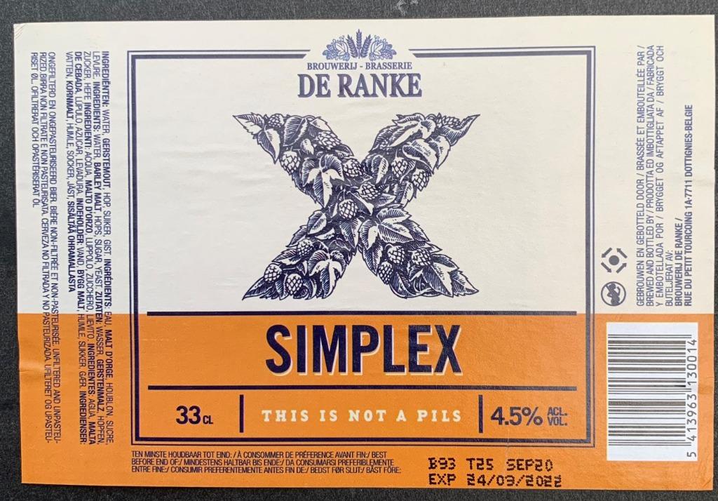Bieretiket X Simplex Brouwerij De Ranke (4c1), Ophalen of Verzenden, Gebruikt
