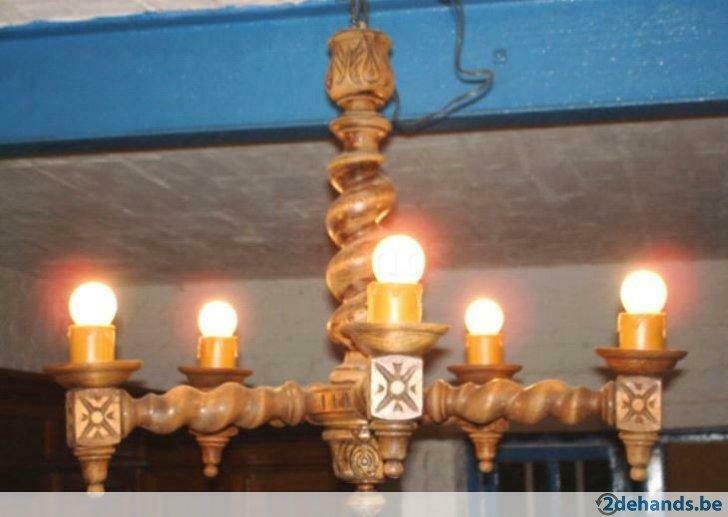 Antieke luster in hout diameter 70cm H 85cm, Huis en Inrichting, Lampen | Kroonluchters, Gebruikt, Ophalen