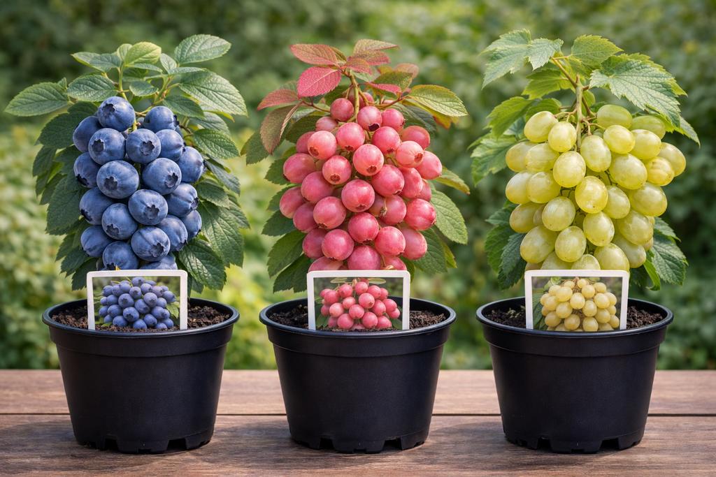 3 fruitplanten in pot – blauwe bes, roze bes & witte druif, Ophalen, In pot