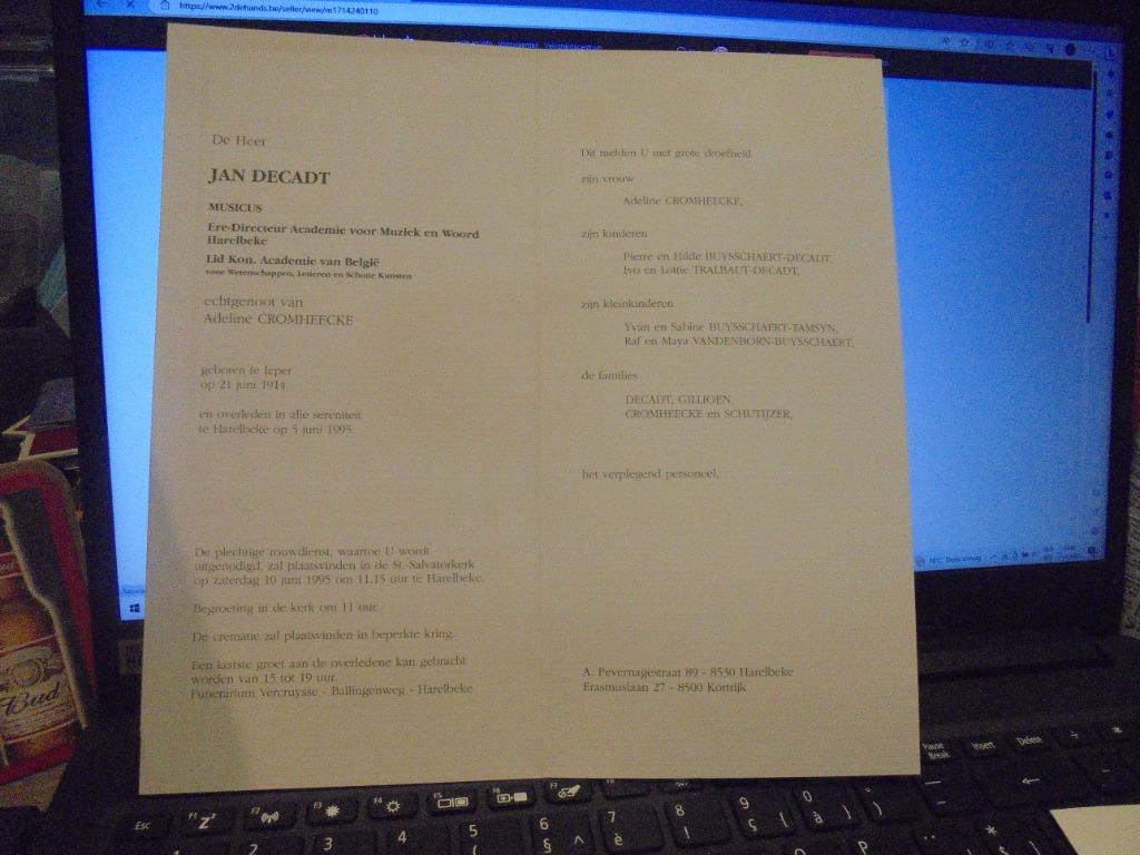 Jan Decadt rouwbrief, Enlèvement ou Envoi, Carte de condoléances