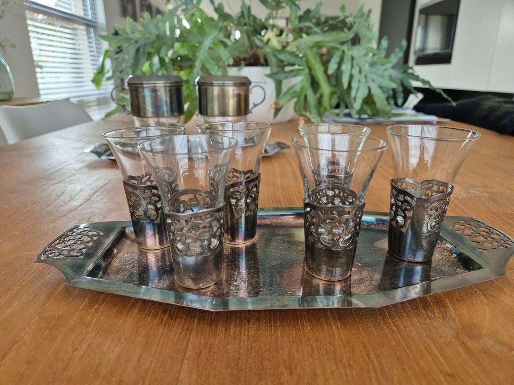 6 Vintage aperitiefglaasjes verzilverd, Huis en Inrichting, Woonaccessoires | Dienbladen, Zo goed als nieuw, Ophalen