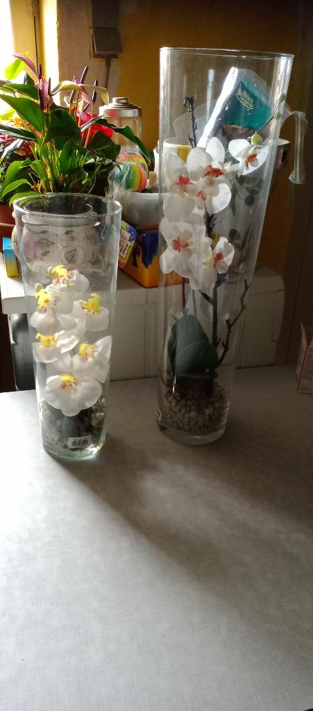 Twee kunstplanten Orchidee wit in glazen vaas (H60 en 40cm), Plastique, Enlèvement, Neuf, Blanc