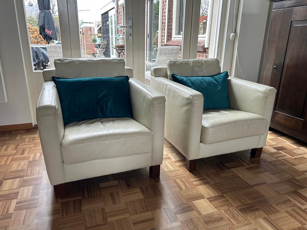 Jan des bouvrie fauteuils - wit leder - 2 stuks, Maison & Meubles, Fauteuils, Utilisé, Cuir, 50 à 75 cm, 75 à 100 cm, Enlèvement
