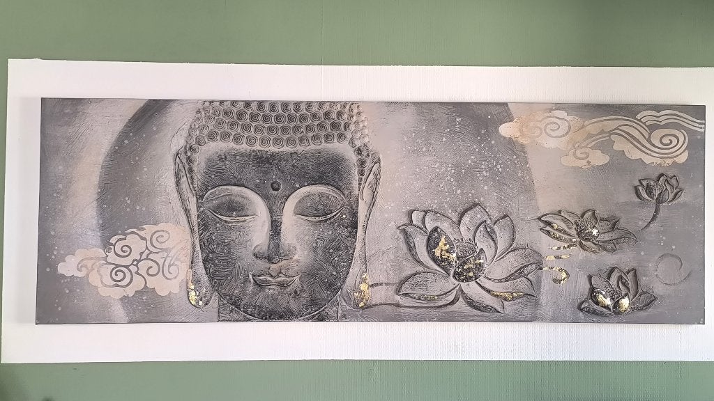 Grand cadre Bouddha 60cm x 180cm, Enlèvement, Comme neuf, 125 cm ou plus, 50 à 75 cm