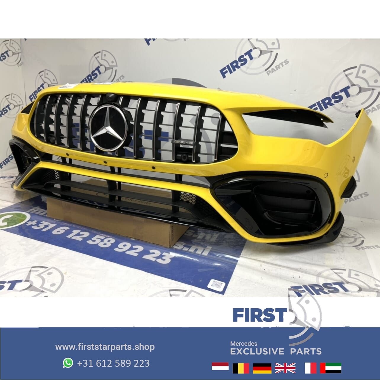 W118 CLA 45 CLA45S AMG GT VOORBUMPER GEEL COMPLEET CLA45 AER, Gebruikt, -, Voor, Ophalen of Verzenden