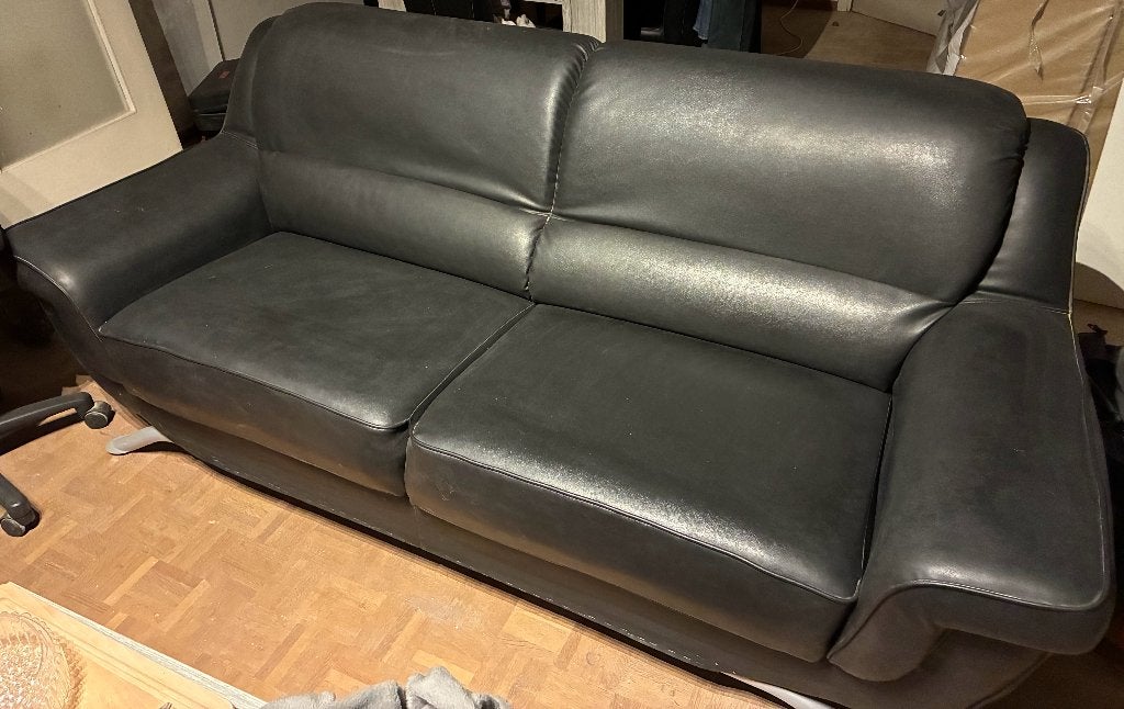 Duo van zwartleren zetels, Huis en Inrichting, Ophalen, Gebruikt, Overige maten, 150 tot 200 cm