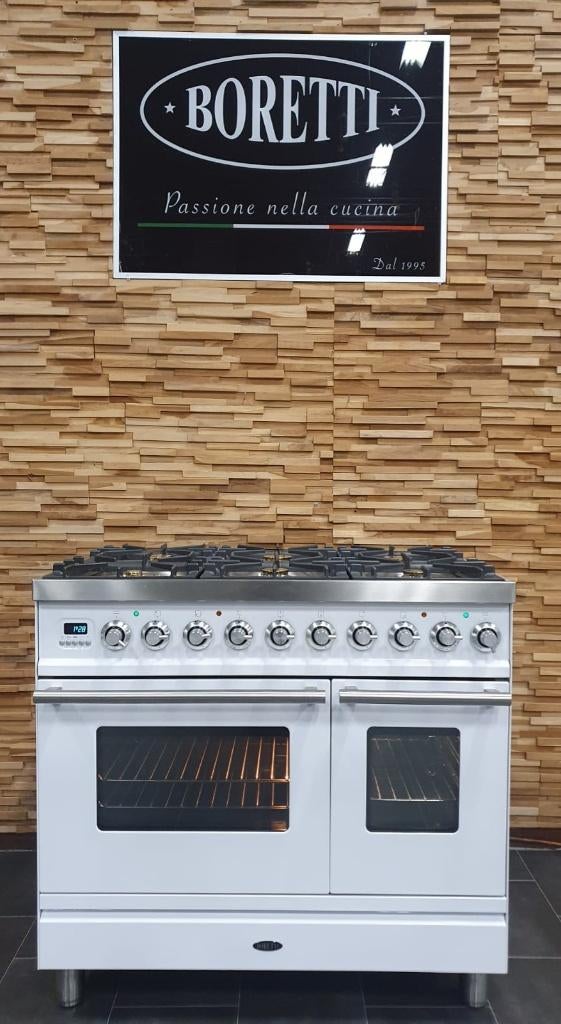 Luxe Boretti Fornuis 90cm hoogglans wit rvs 2 ovens 6 pits, Gaz, Comme neuf, Enlèvement, 5 zones de cuisson ou plus