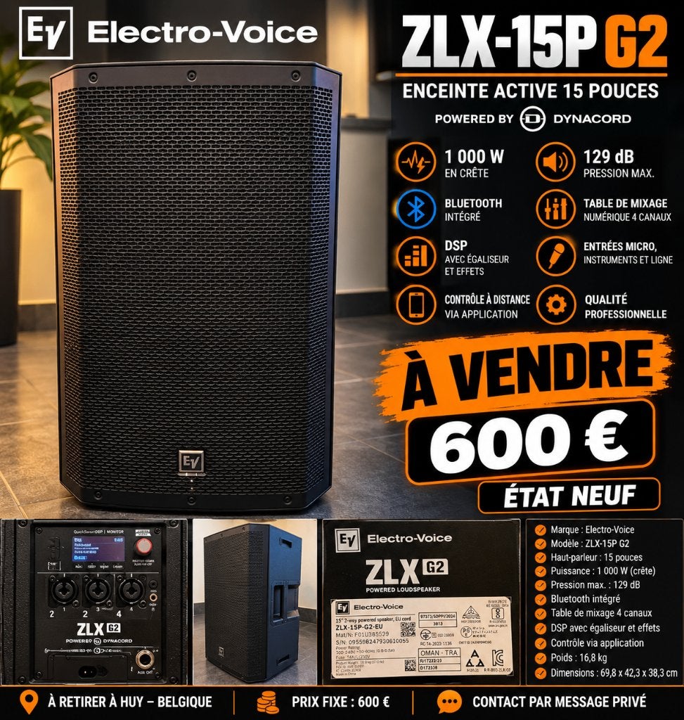 Enceinte ELECTRO-VOICE ZLX-15P G2 – ÉTAT NEUF, TV, Hi-fi & Vidéo, Entrée AUX, Comme neuf, Enlèvement, Autres types