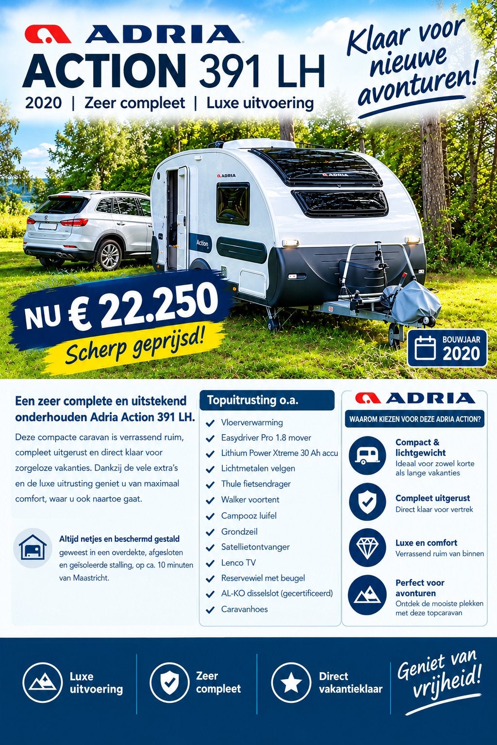 Adria Action 391 LH, 2 lits séparés, 4 à 5 mètres, 750 - 1000 kg, Particulier