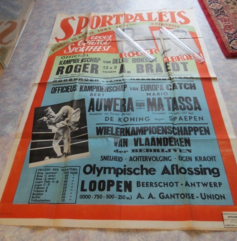 Boksen Sportpaleis Wielrennen Antwerpen 1943 REX Affiche VNV, Verzamelen, Ophalen of Verzenden