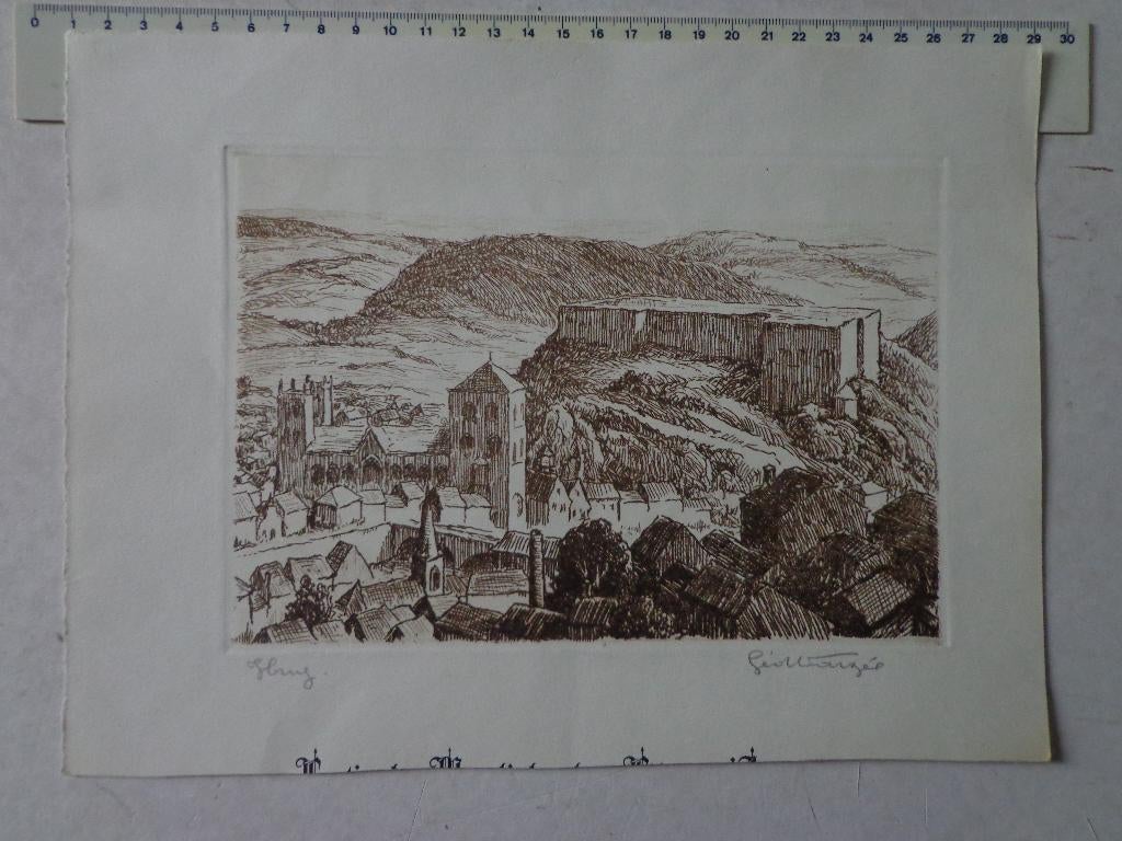 Gravure de Geo Warzée au bister Vue panoramique de Huy, Antiquités & Art, Art | Eaux-fortes & Gravures, Enlèvement ou Envoi