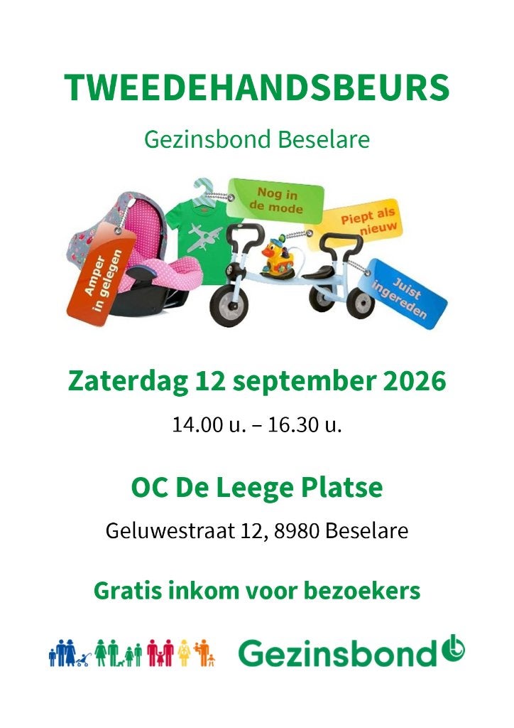 Tweedehandsbeurs Gezinsbond Beselare zaterdag 12 september, Ophalen, Gebruikt