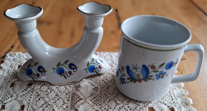Vintage Poolse Lubiana kandelaar + 2 mokken, bloemen motief, Ophalen of Verzenden