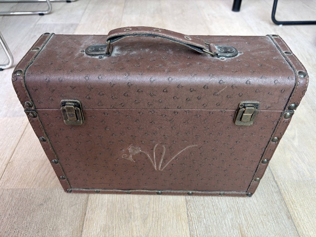 Vintage beautycase / reiskoffer met struisvogelmotief, Ophalen, Gebruikt, Bruin, Hardcase