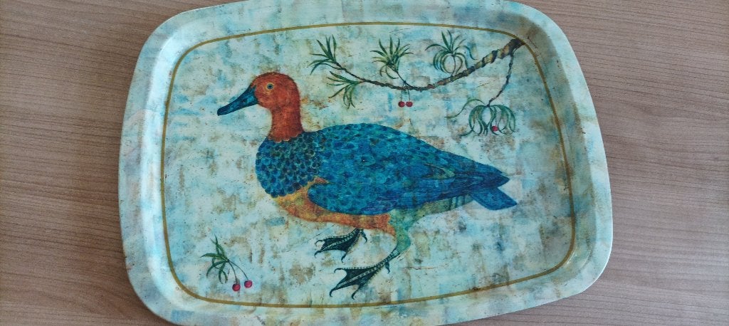 Plateaux en métal. Sujet : canard peint - 30 x 44,5 cm, Enlèvement ou Envoi, Avec bord surélevé, Plateau de service, Utilisé