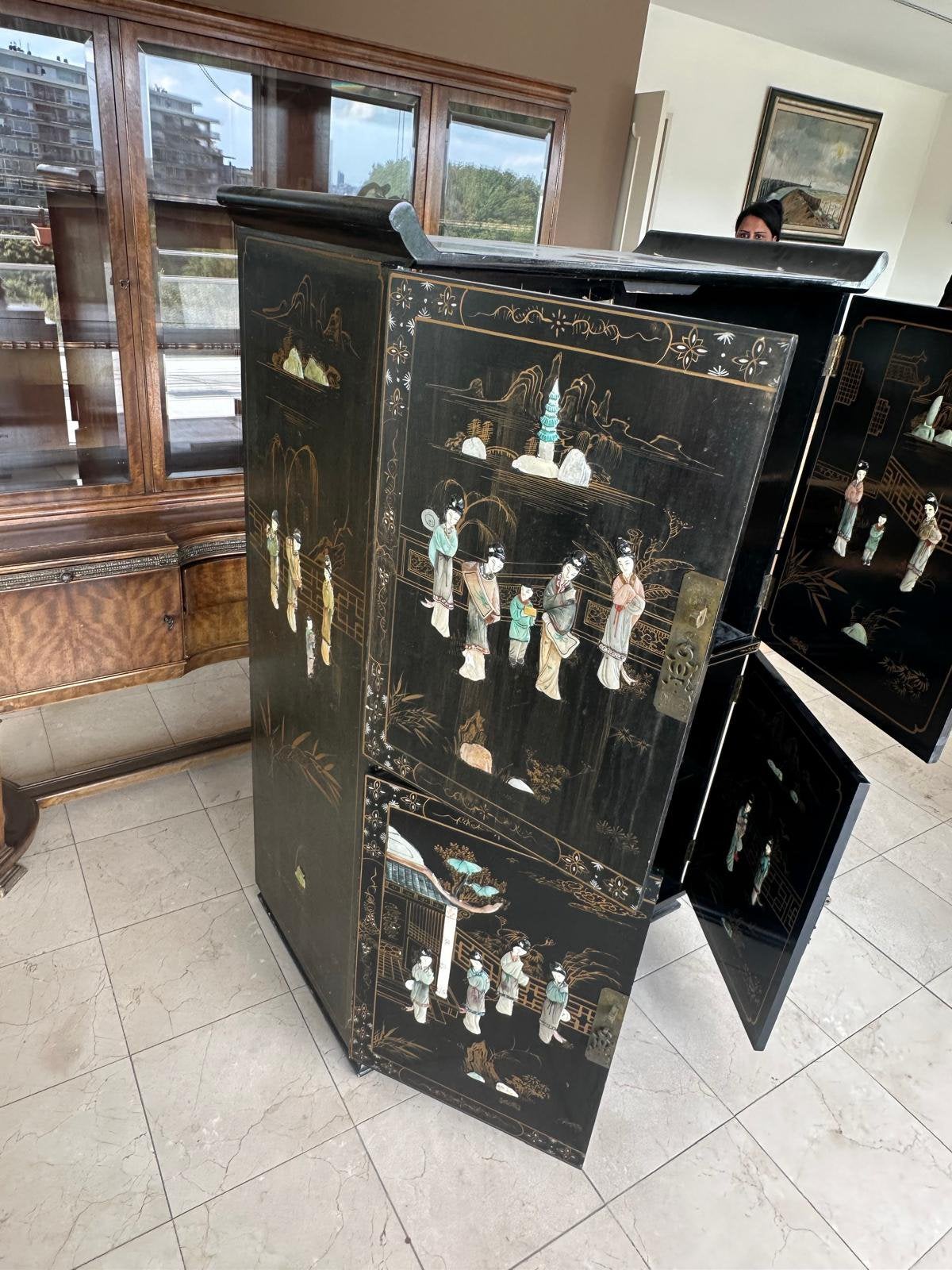 Cabinet  Meuble de bar chinois vintage en laque noire, Enlèvement, Comme neuf