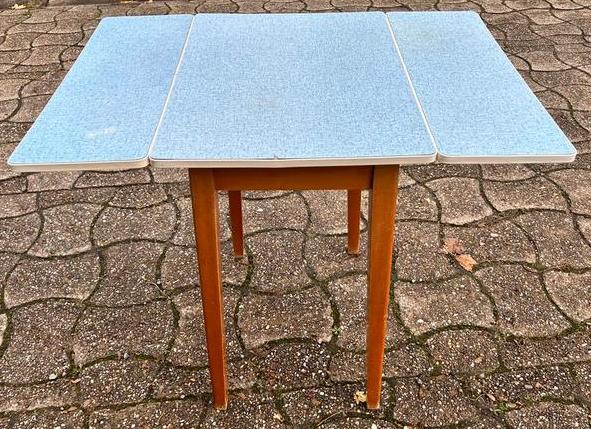 Table pliante vintage bleue formica, 55 à 75 cm, Enlèvement, Utilisé, Rectangulaire