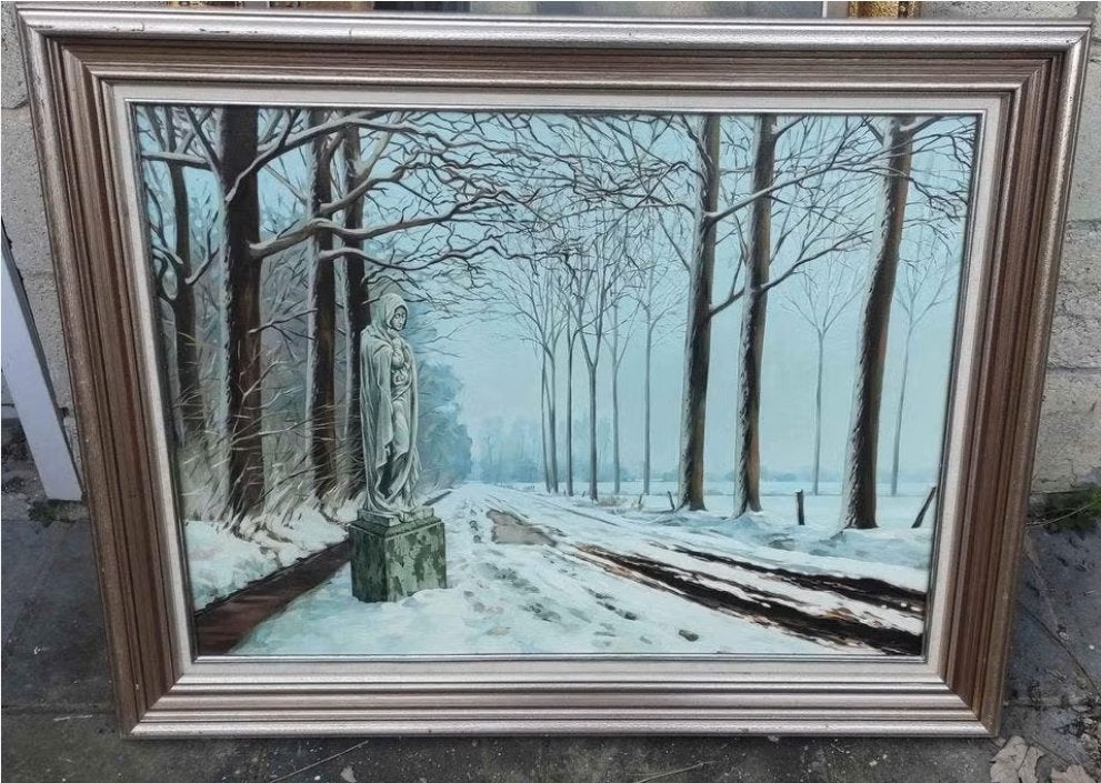 Huile sur toile calvaire enneigé signe Paul Smolders, Enlèvement, Fleurs, Toile