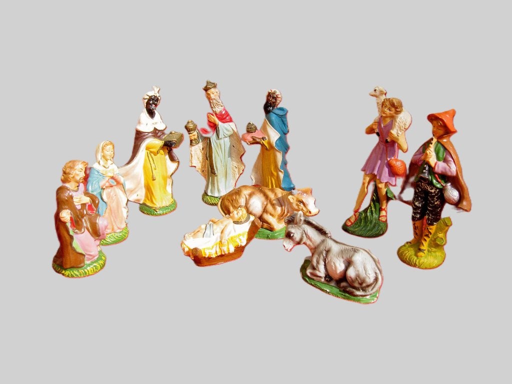 Vintage kerst kerststalfiguren hand geschilderd., Ophalen
