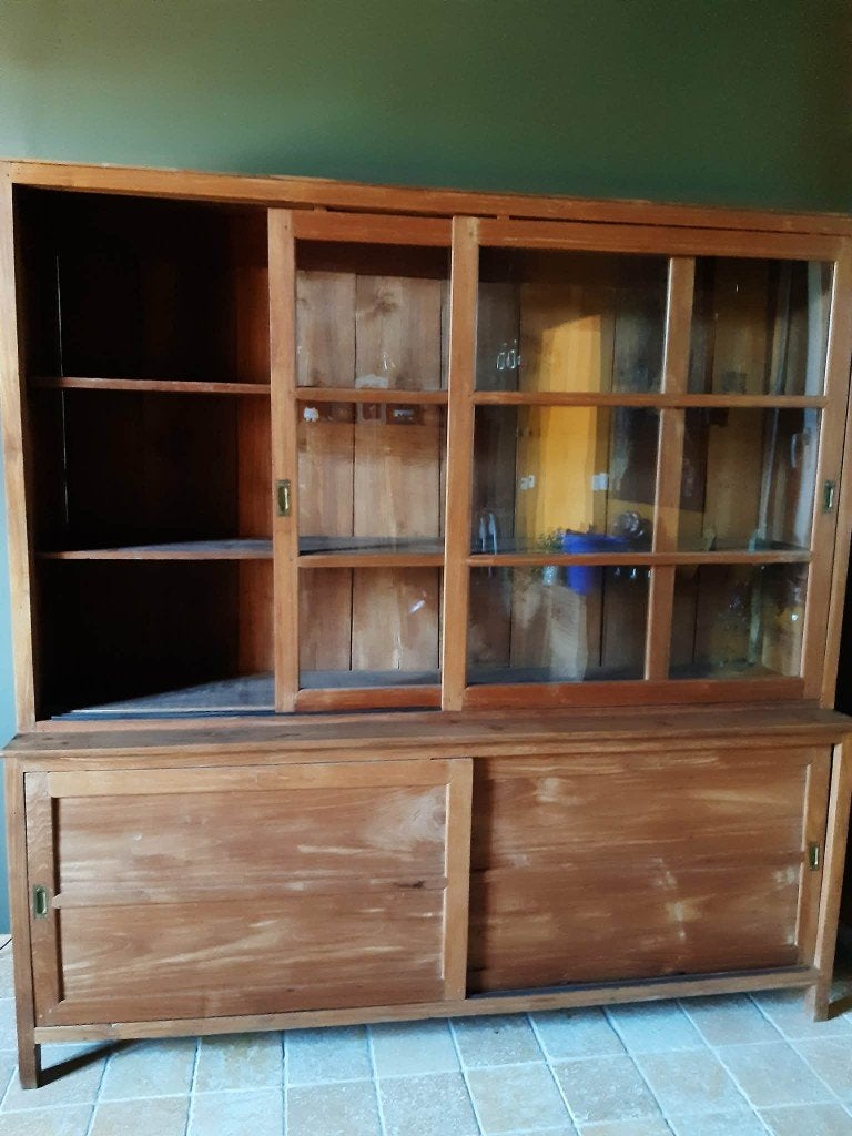 Vitrine deux-corps en Teck massif, Teck, Avec porte(s), 25 à 50 cm, Antique, vintage.