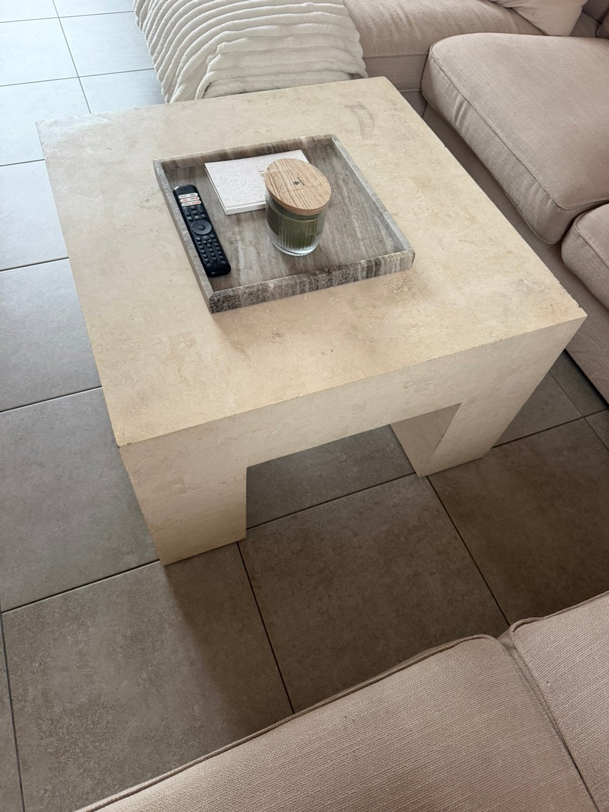 Salontafel travertin look – moderne design tafel, Enlèvement, Comme neuf
