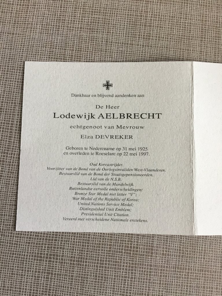 Soldaat paracommando Korea L.Aelbrecht Nederename +1997, Verzenden, Bidprentje