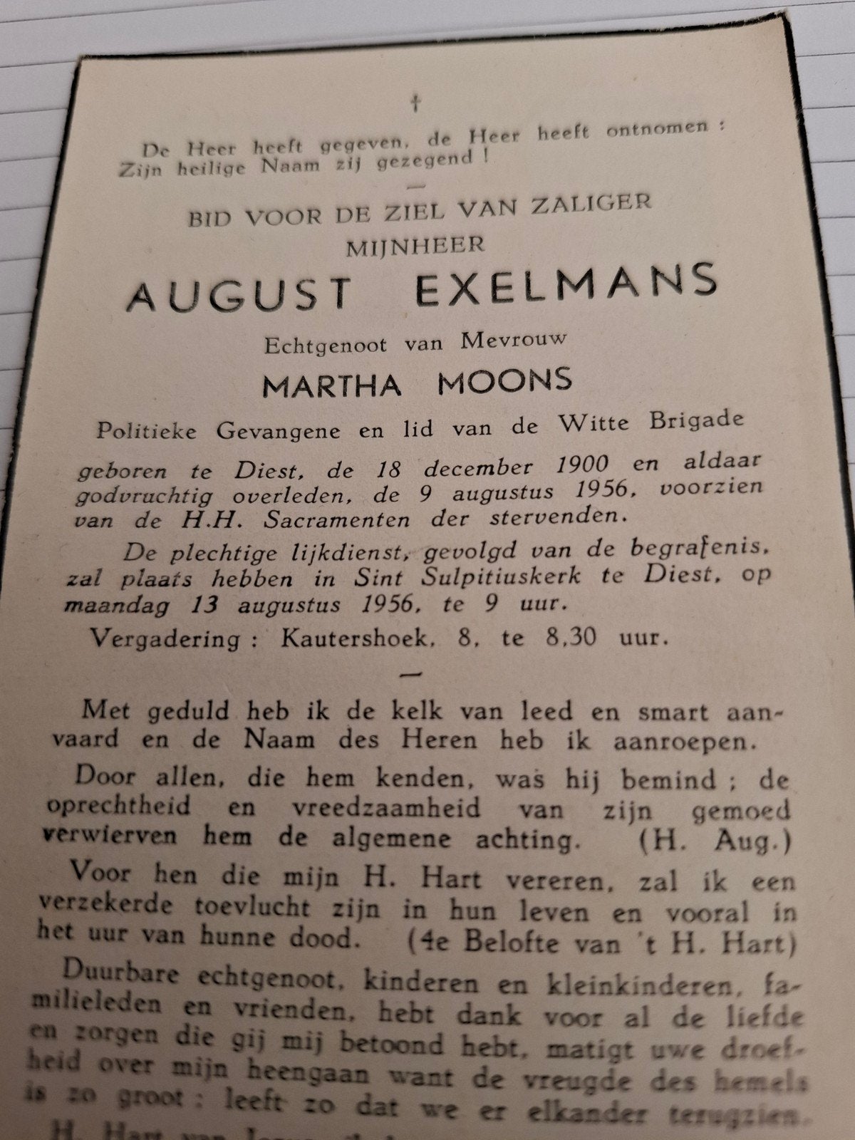 politiek gevangene en lid van de witte brigade, Verzamelen, Ophalen of Verzenden, Bidprentje