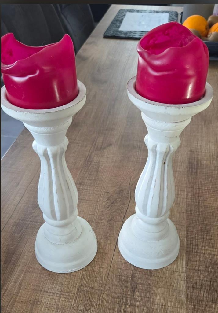 2 houten kandelaars wit, Ophalen, Gebruikt, Wit