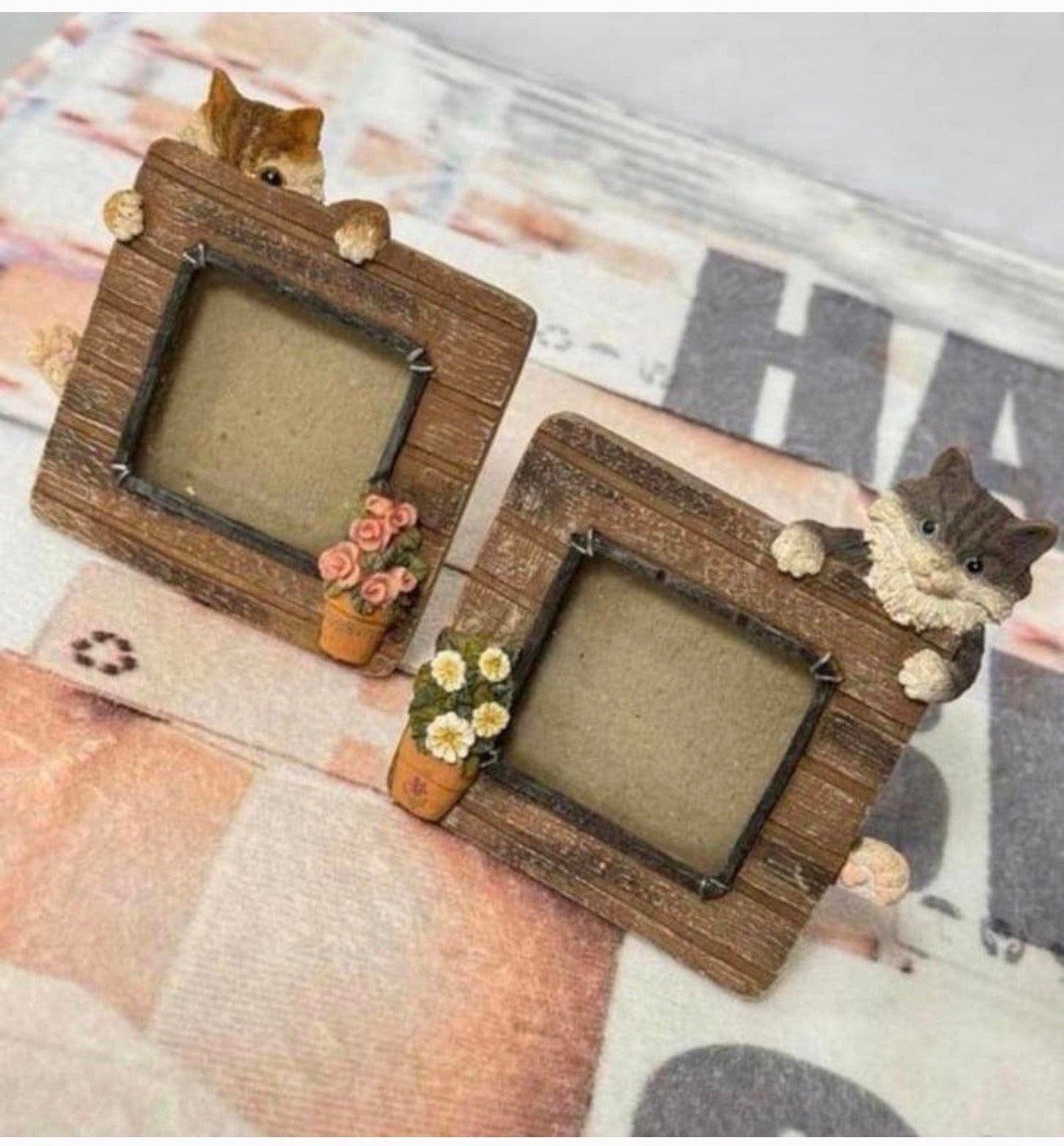 Vintage 2 schattige fotolijstjes met poes kat fotolijst 3D, Ophalen of Verzenden, Zo goed als nieuw