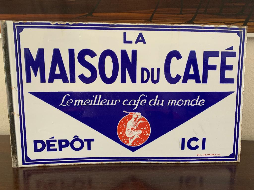 Plaque émaillée LA MAISON DU CAFE, Collections, Marques & Objets publicitaires, Utilisé, Panneau publicitaire, Enlèvement ou Envoi