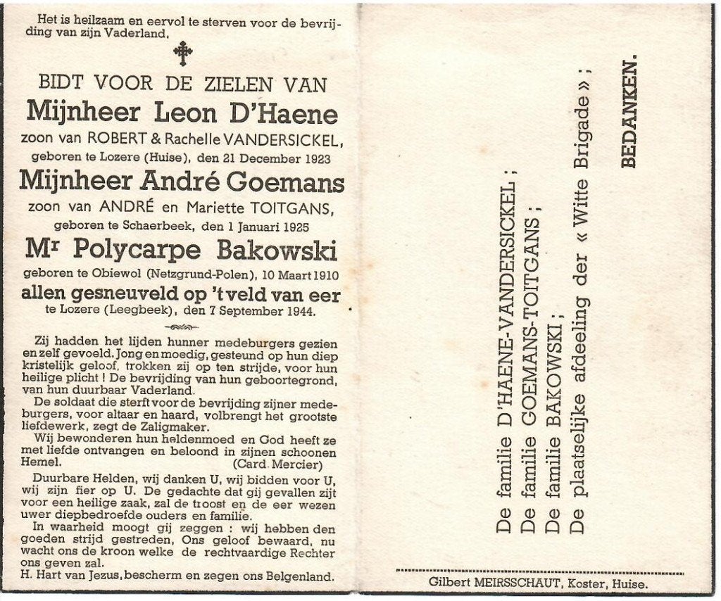 RP D'Haene/Goemans/Bakowski gesneuveld Lozere 7/9/1944, Verzamelen, Ophalen of Verzenden
