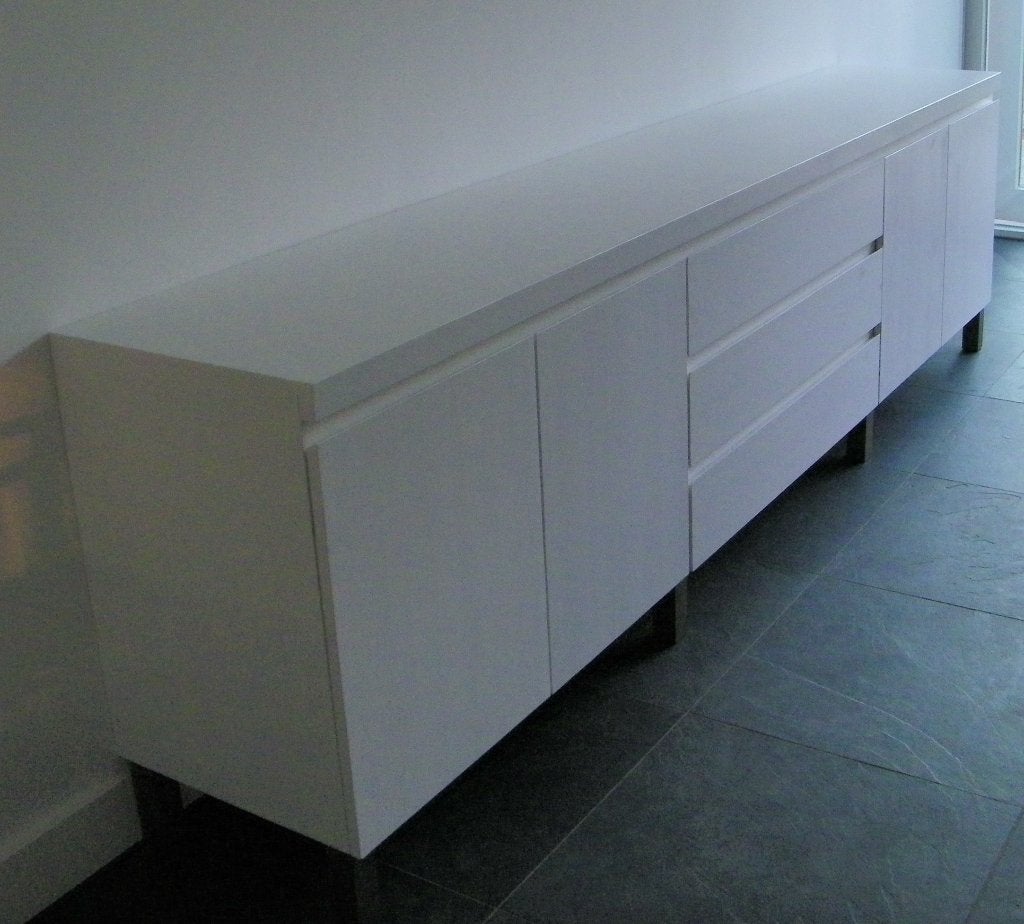 Dressoir wit massief eiken hout modern design op maat., Ophalen, Nieuw, Teakhout, Met lade(s)