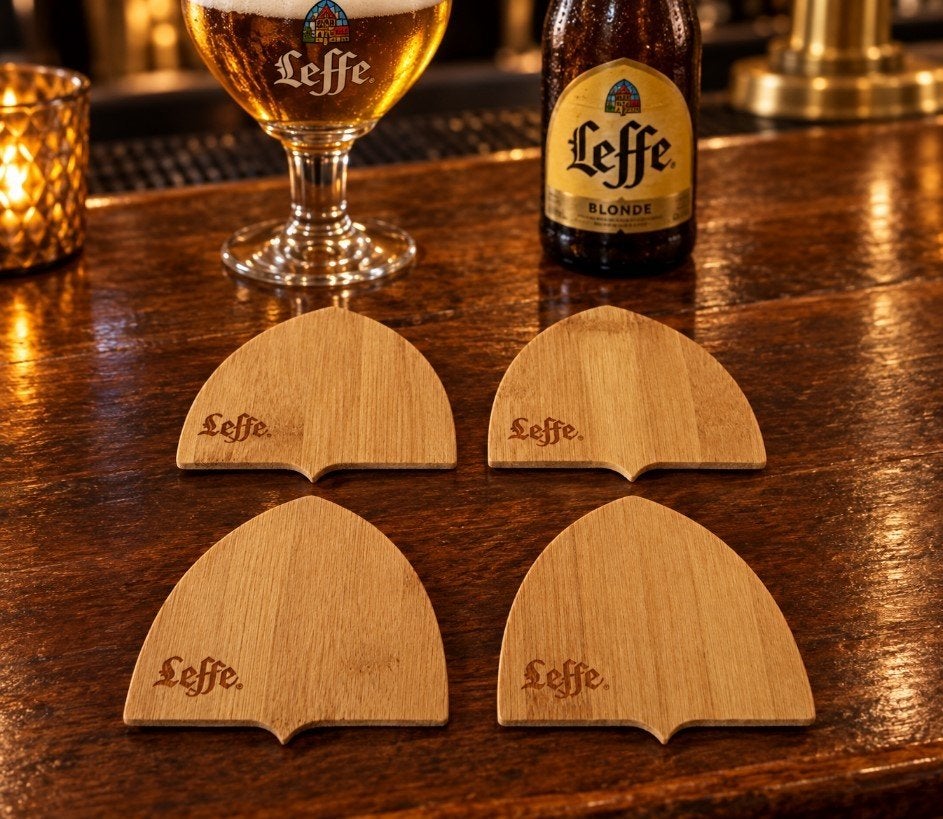 Set van 4 onderzetters in hout – biermerk Leffe, Ophalen of Verzenden, Zo goed als nieuw, Viltje(s), Leffe