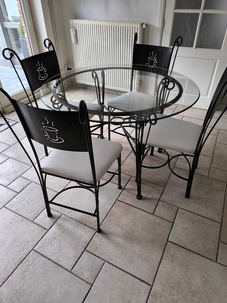Table verre fer forger plus chaises, Huis en Inrichting, Tafels | Eettafels, Gebruikt, 100 tot 150 cm, Vier personen, Rond, Glas