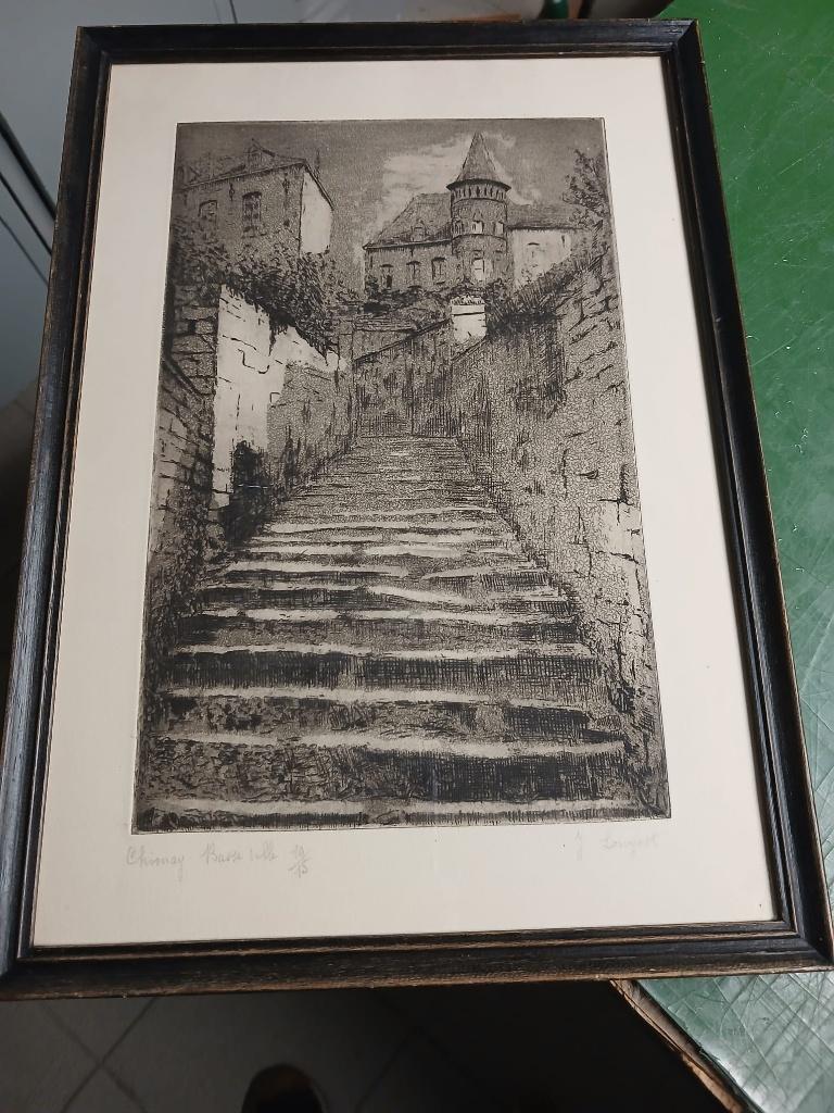 eauforte signee CHIMAY - Grand Escalier de la Ville-Basse, Enlèvement ou Envoi, Encadré