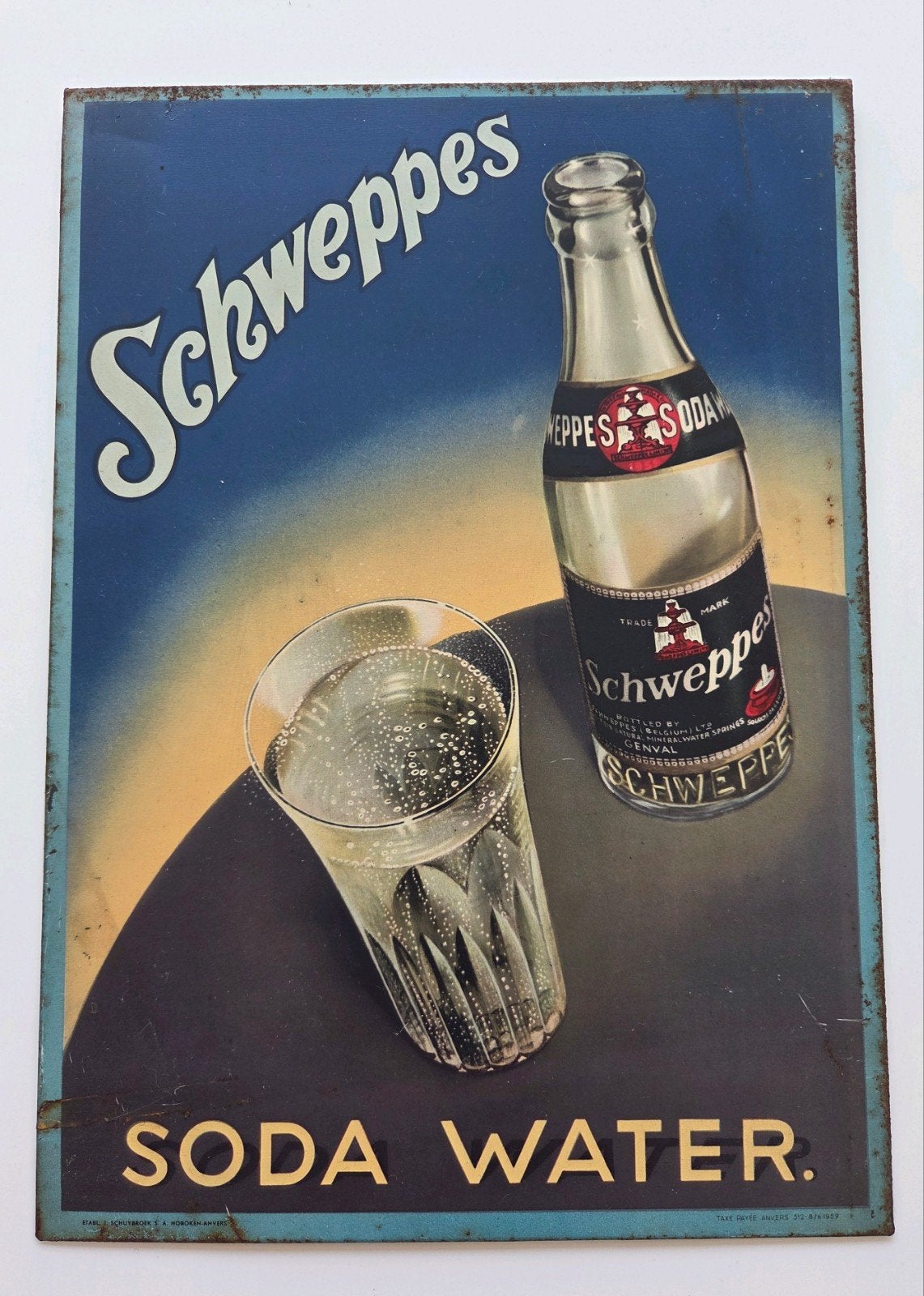 Vintage reclamebord voor Schweppes Soda Water (1959), Verzamelen, Ophalen, Zo goed als nieuw, Reclamebord