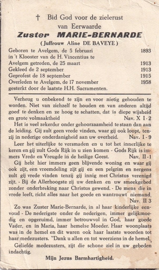 B P ZUSTER  DE BAYERE AVELGEM 1893 - 1958, Ophalen of Verzenden, Bidprentje