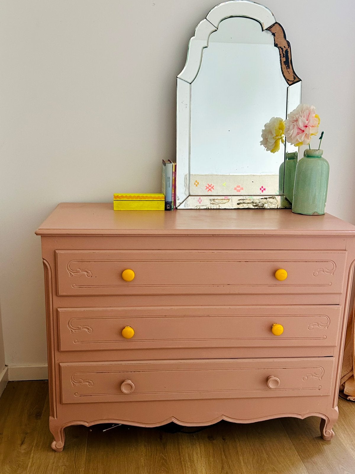 Ladekast, dressoir, commode met 3 lades oudroze geverfd, Utilisé, 50 à 70 cm, 100 cm ou plus, Armoire