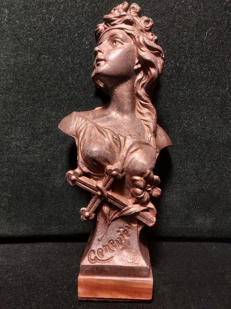 Antiek, zamak borstbeeld "Genevieve", Jugendstil, 1900, Antiek en Kunst, Minder dan 20 cm, Ophalen of Verzenden, Gemerkt, Overige materialen