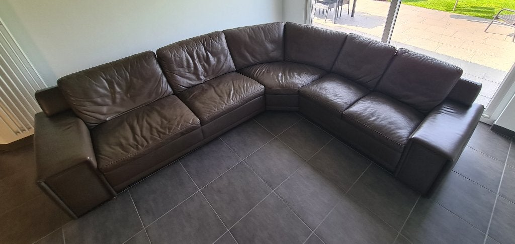 Donkerbruin lederen hoeksalon, Huis en Inrichting, Ophalen, Gebruikt, Hoekbank, Leer