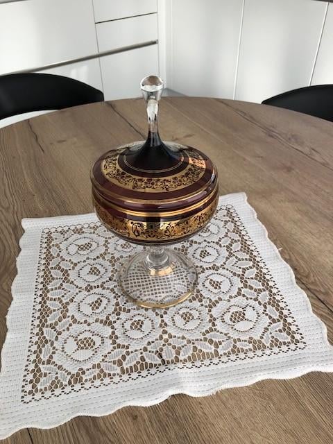 Vintage glazen pot met deksel ( bordeaux - wijnkleurig ), Antiek en Kunst, Ophalen of Verzenden