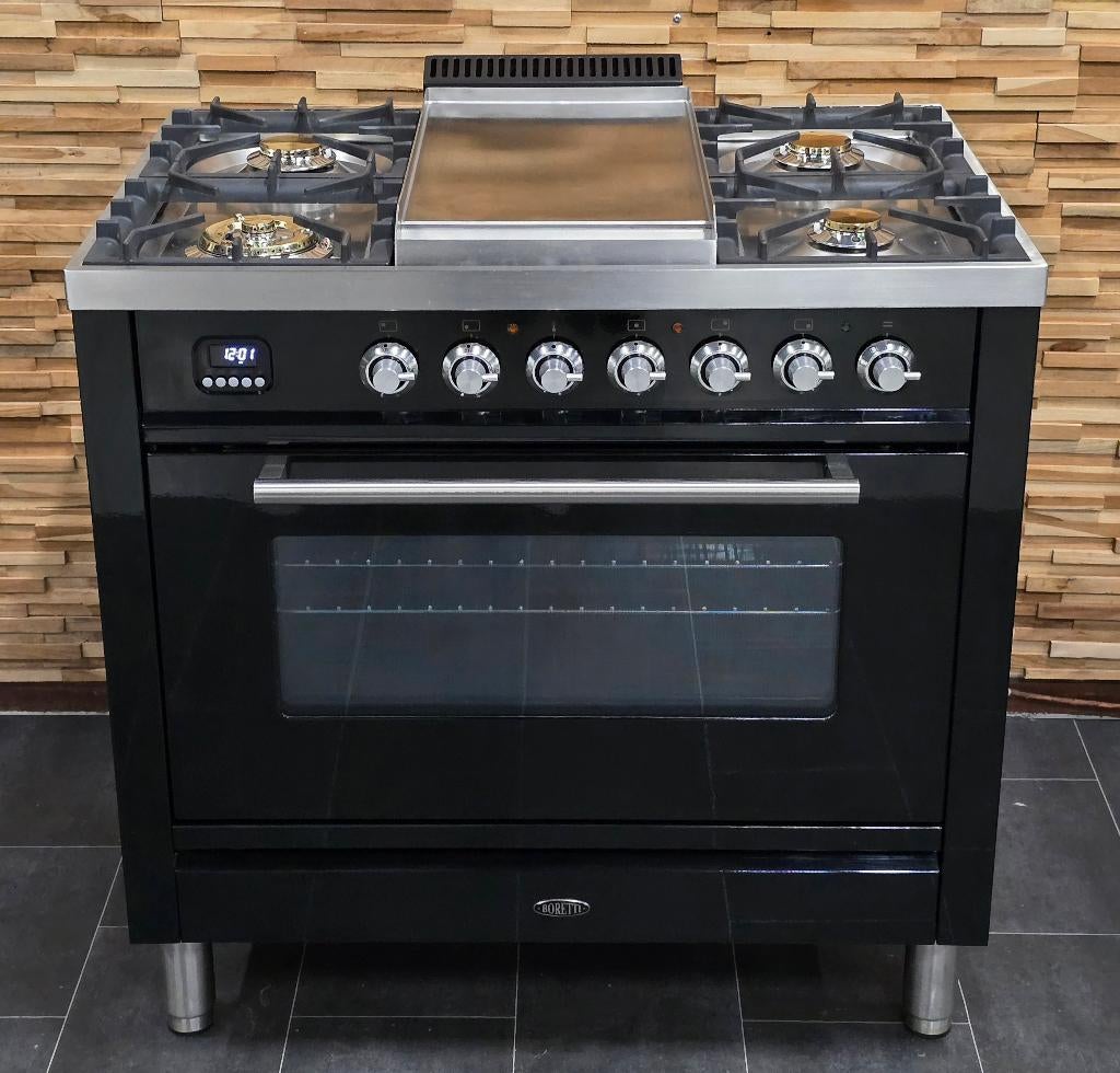 🔥Luxe Fornuis Boretti 90cm hoogglans zwart + rvs 300° oven, Ophalen, 60 cm of meer, Zo goed als nieuw, Energieklasse A of zuiniger