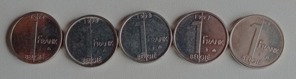 5 munten van 1 Belgische frank (1994-1998), Ophalen, Setje