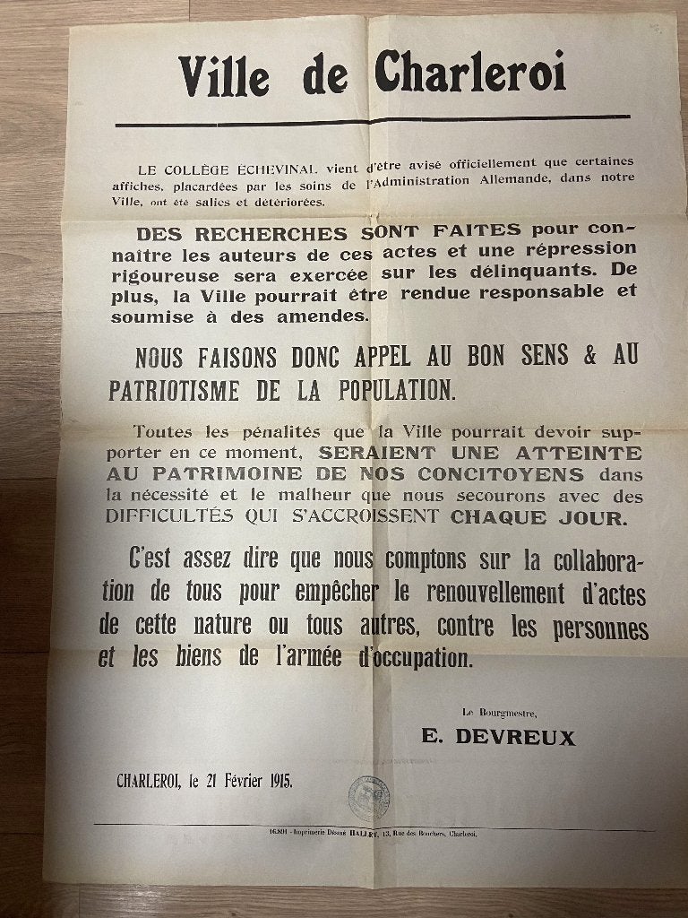 Charleroi - affiche WW1 1915, Envoi, Autres, Photo ou Poster