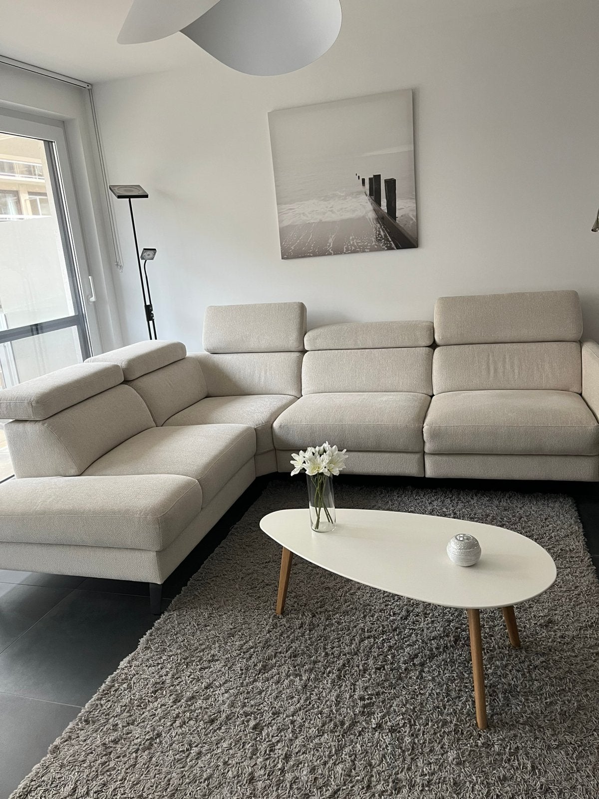 Moderne witte hoekzetel met lounge en opberglade, Huis en Inrichting, Ophalen, Zo goed als nieuw