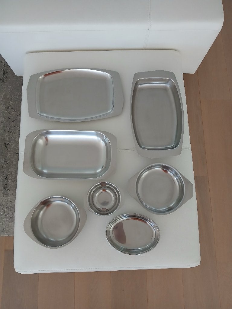 set van 7 vintage inox kommetjes en serveerschalen, Inox, Overige typen, Ophalen of Verzenden, Zo goed als nieuw