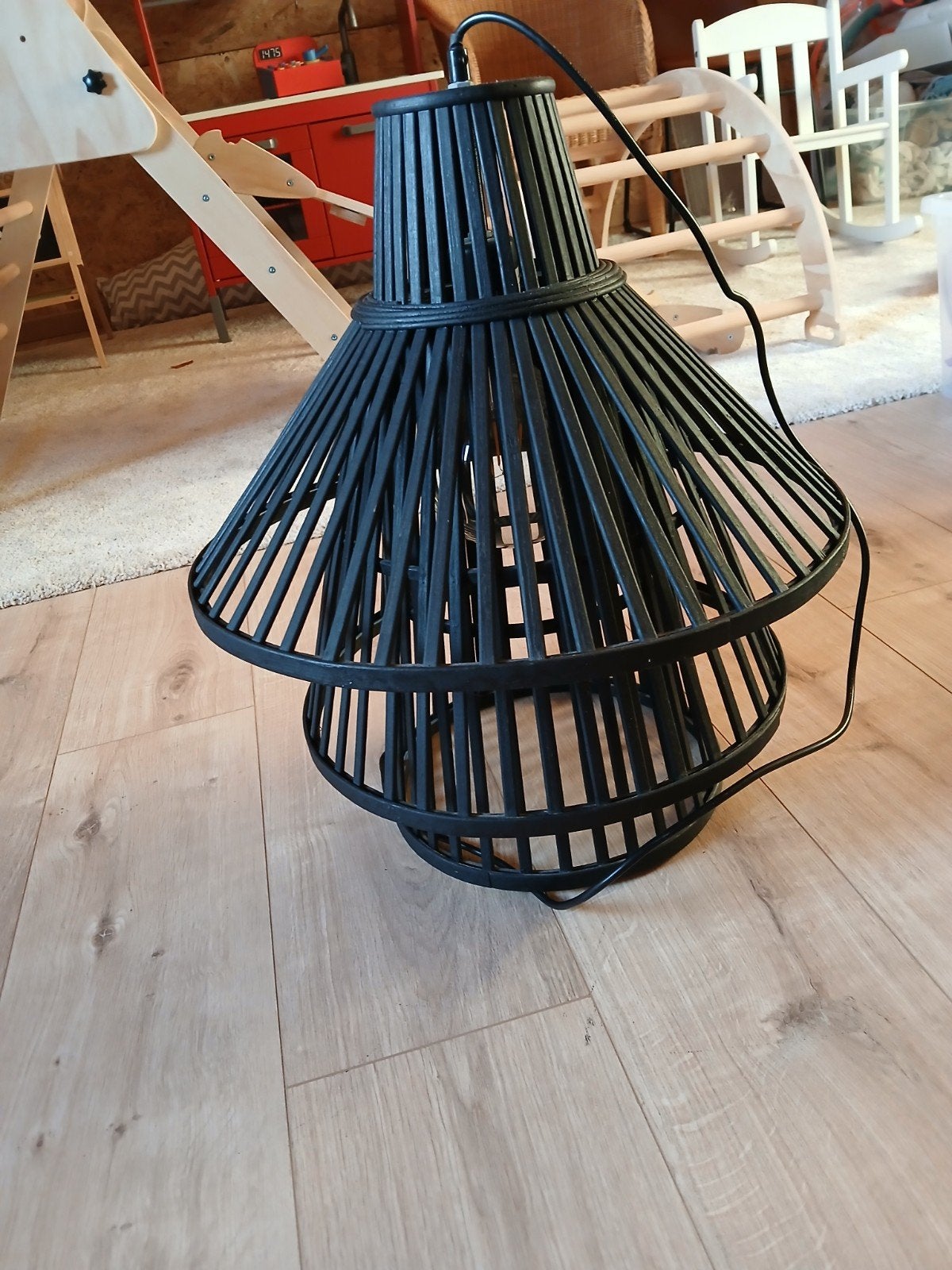 Rotan hanglamp zwart, Ophalen, Zo goed als nieuw, Hout, E27 (groot)