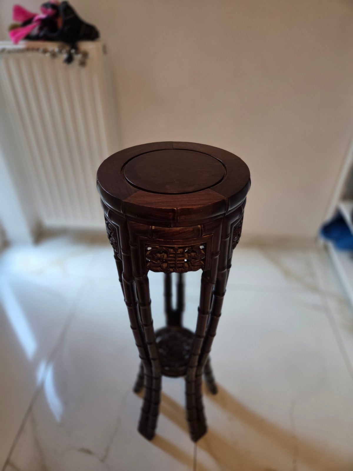 Houten plantenstandaard in Chinese stijl met snijwerk, Ophalen of Verzenden, Gebruikt